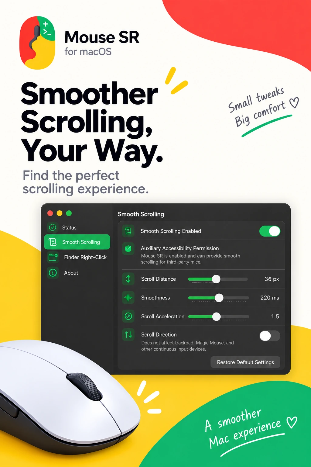 Mouse SR settings for smooth scrolling with a third-party mouse on Mac