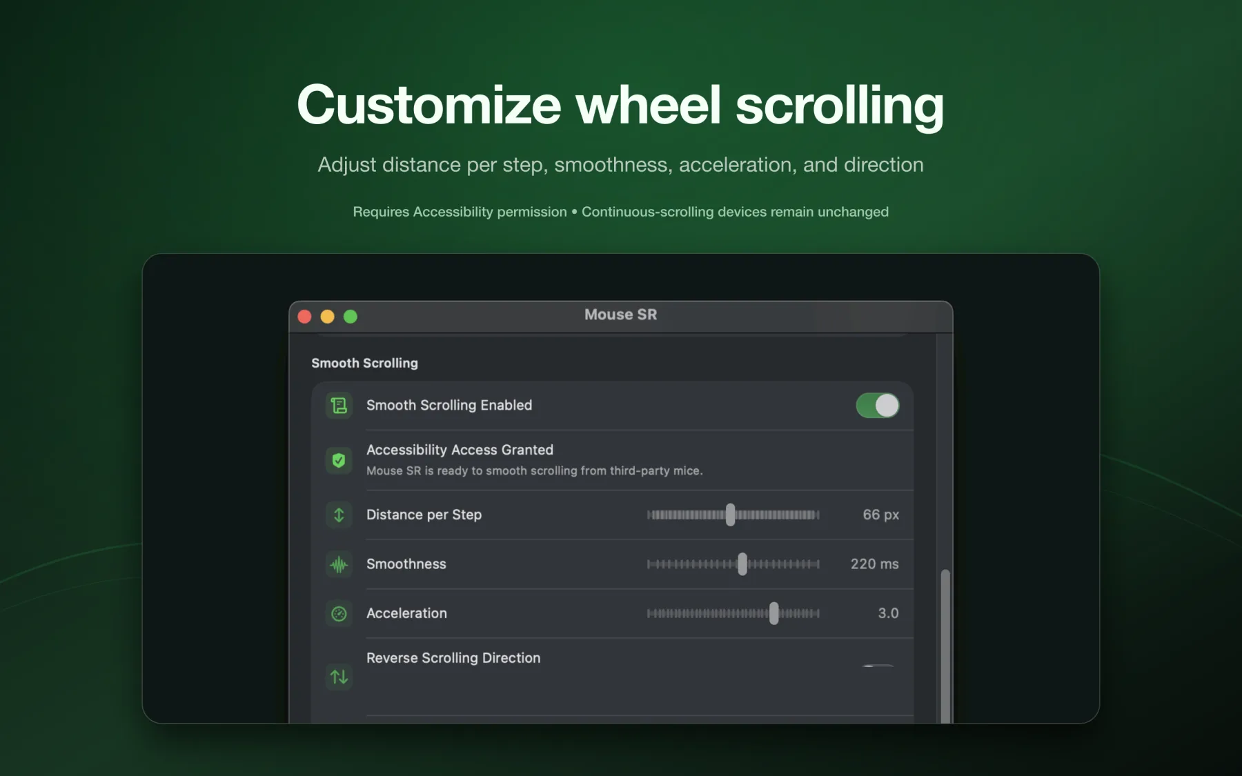 Mouse SR controls for distance per step, smoothness, acceleration, and direction