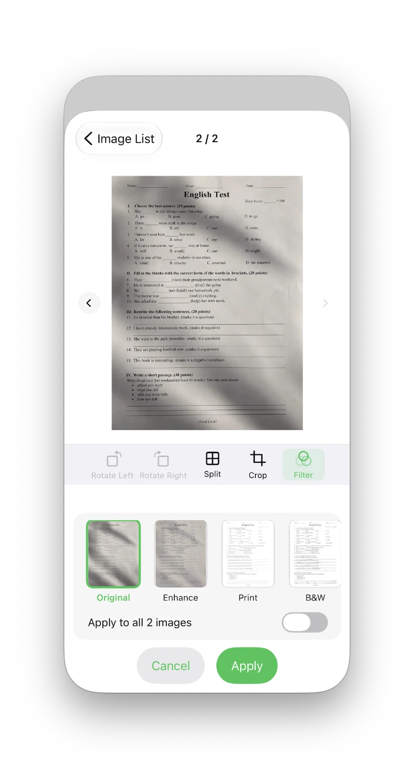 Imgs2PDFs dokumentfilter på iPhone med forudindstillingen Original og kontakten Anvend på alle billeder