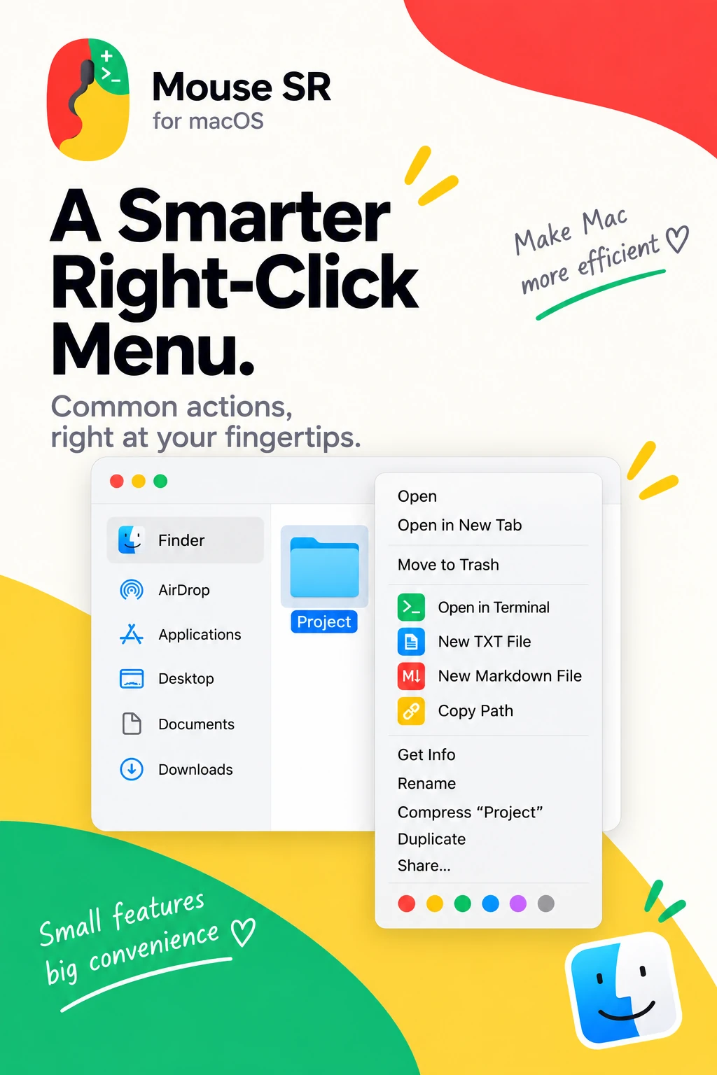 Menú contextual de Finder con acciones de Mouse SR para Terminal, archivos nuevos y rutas