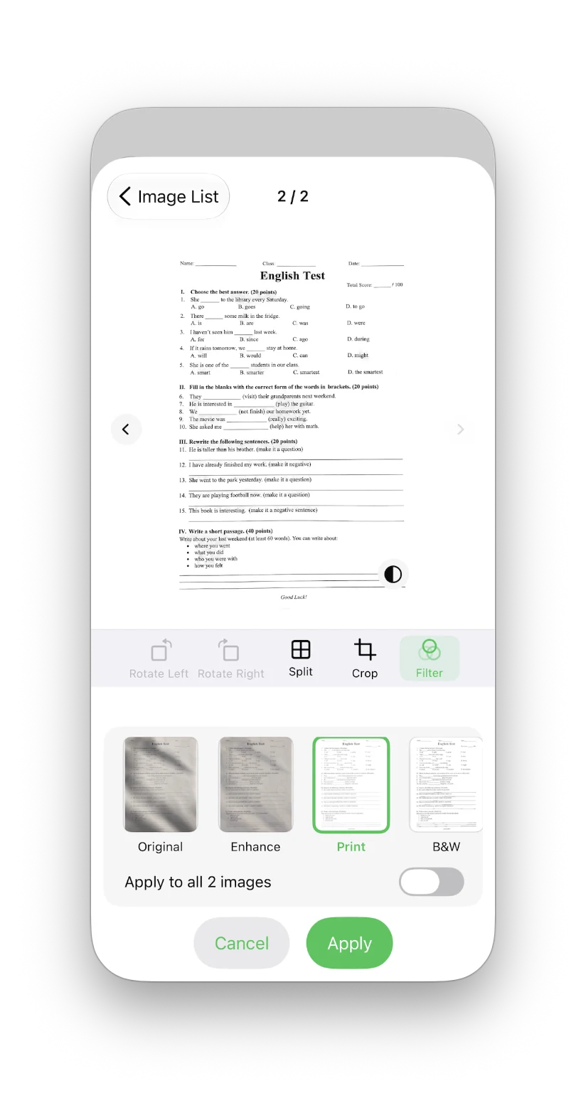 Panneau des filtres de document d’Imgs2PDF sur iPhone avec le préréglage Imprimer sélectionné