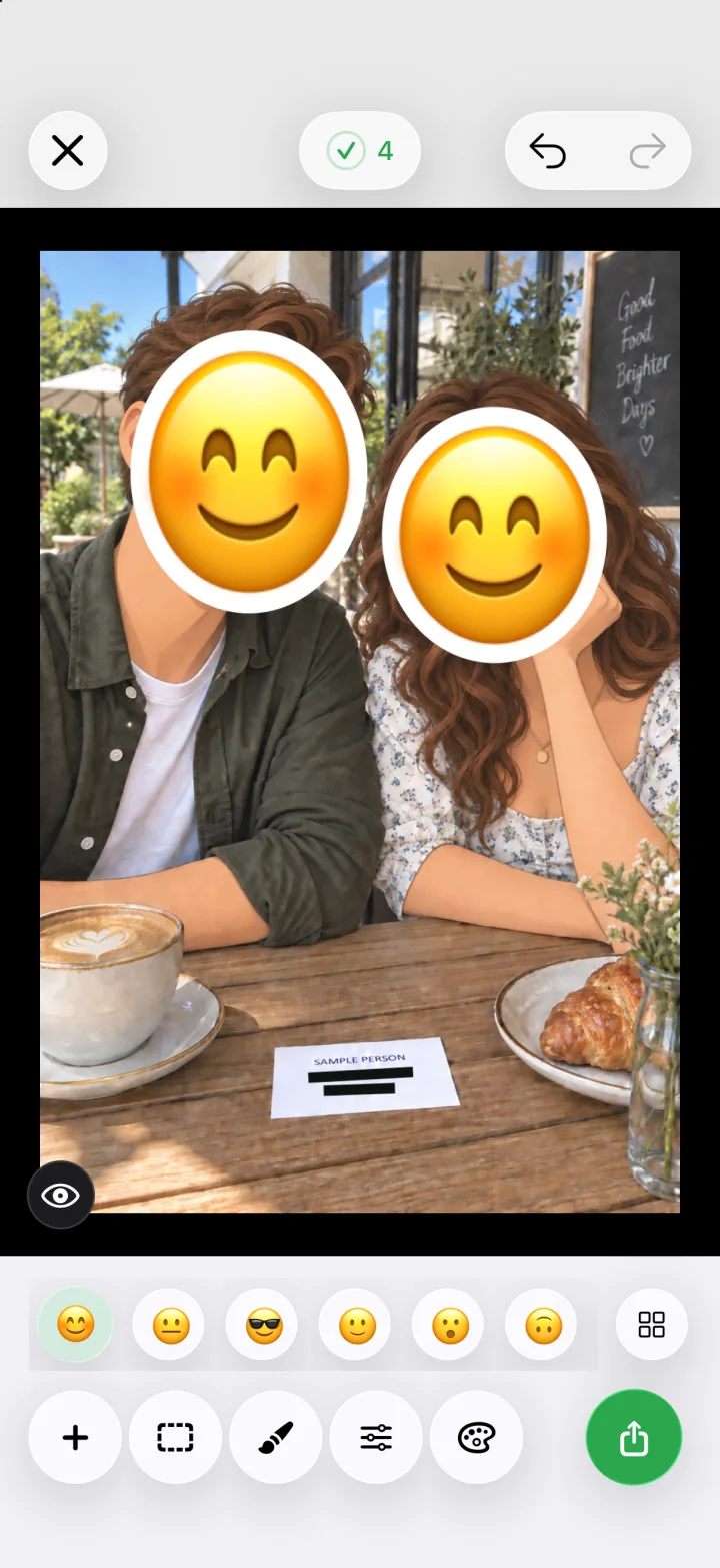 FTMask editor showing emoji masks over faces in a photo