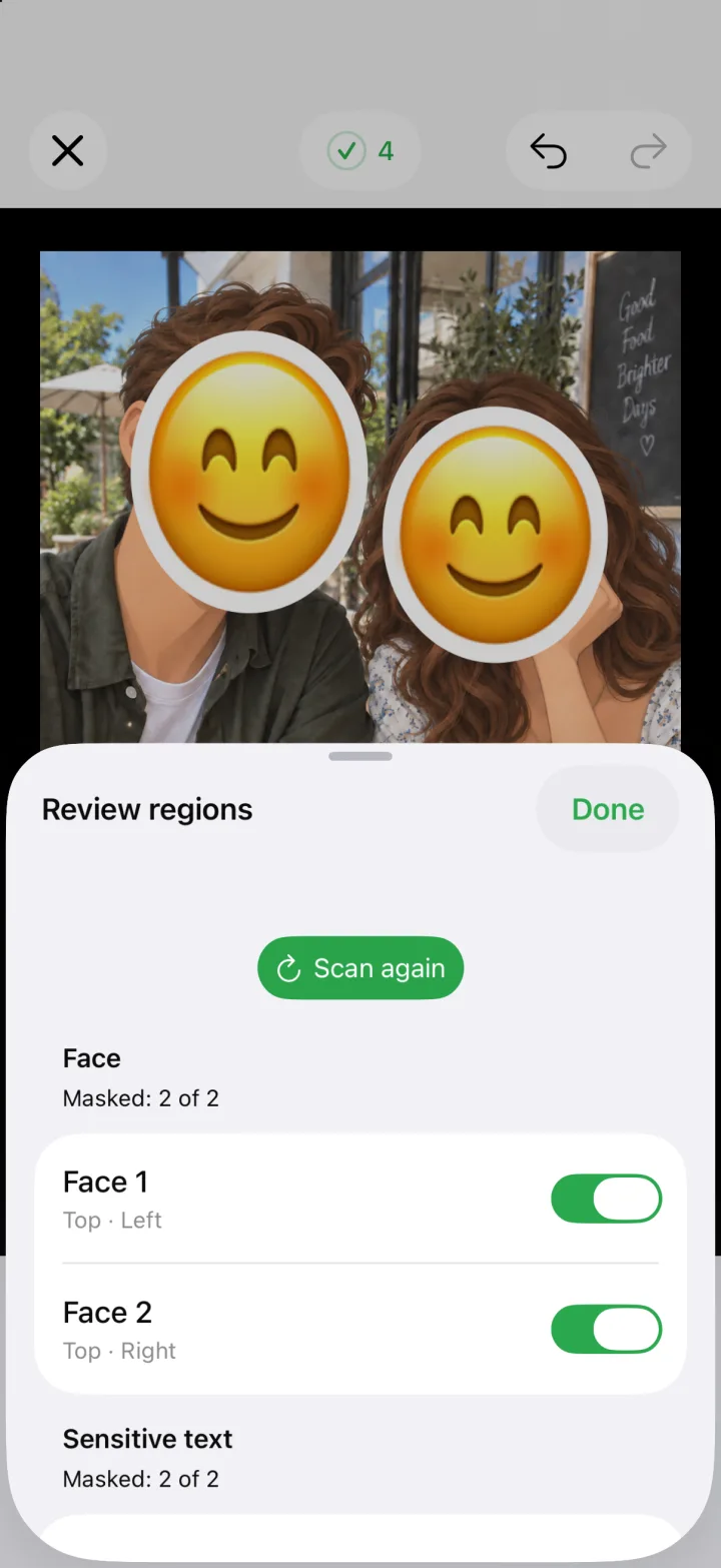 FTMask Review regions panel with individual face-mask toggles and a Scan again button