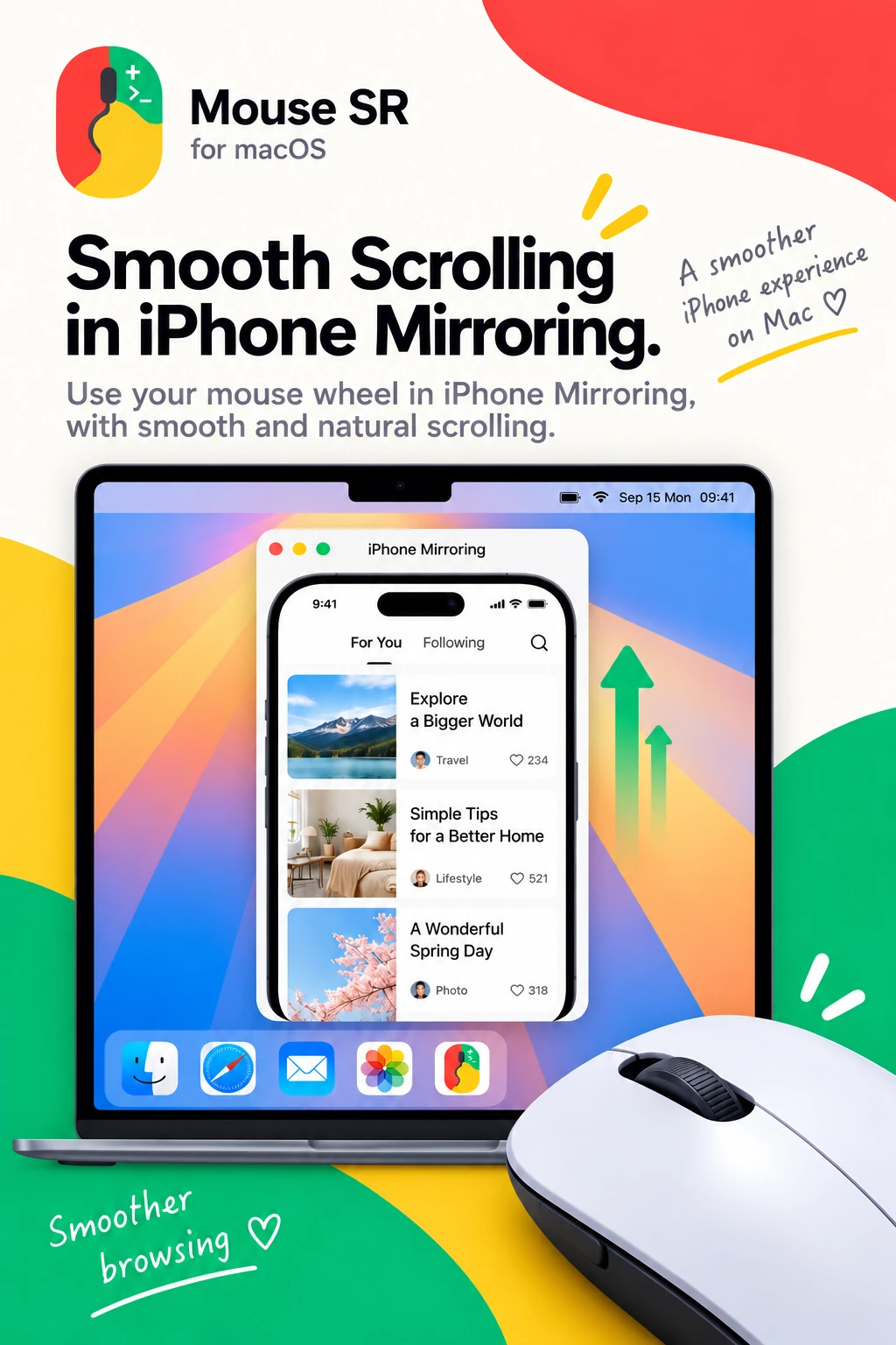 MacのiPhoneミラーリングでMouse SRがマウスホイールのスクロールを滑らかにする様子