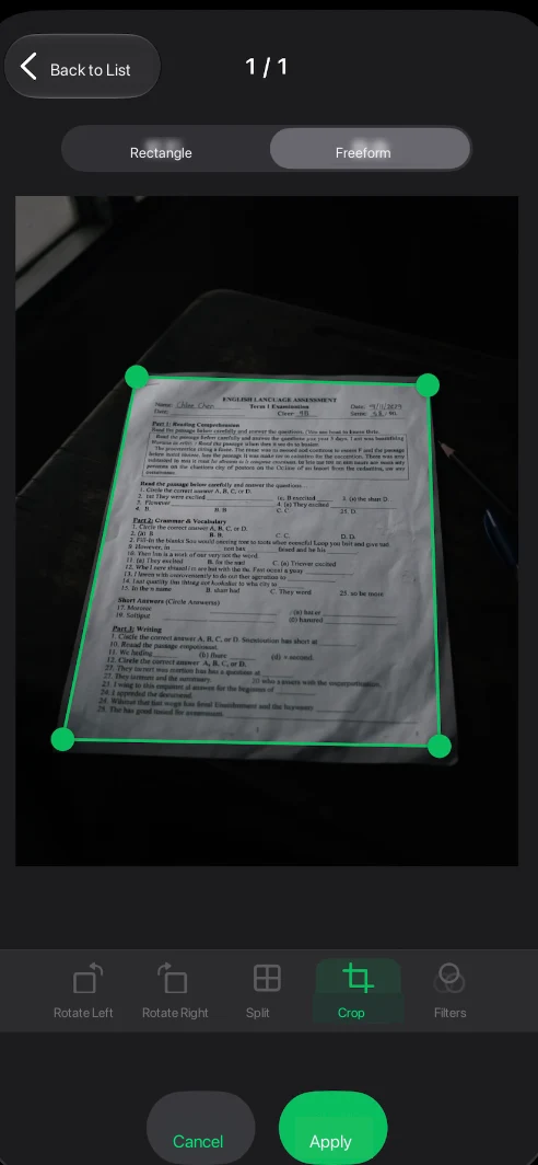 Imgs2PDF 裁剪界面，已在拍摄的文稿周围选择自由模式
